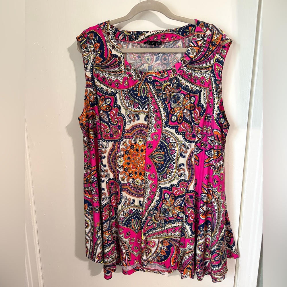 Lavanya Woman Blouse 3X Pink Paisley Sleeveless Grommet Neck Top